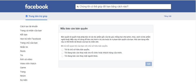 Mẫu báo cáo bản quyền với Facebook