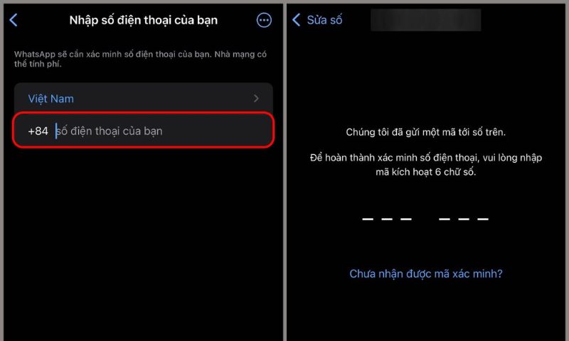 Nhập số điện thoại của bạn vào đúng mã vùng và chờ mã xác nhận từ WhatsApp