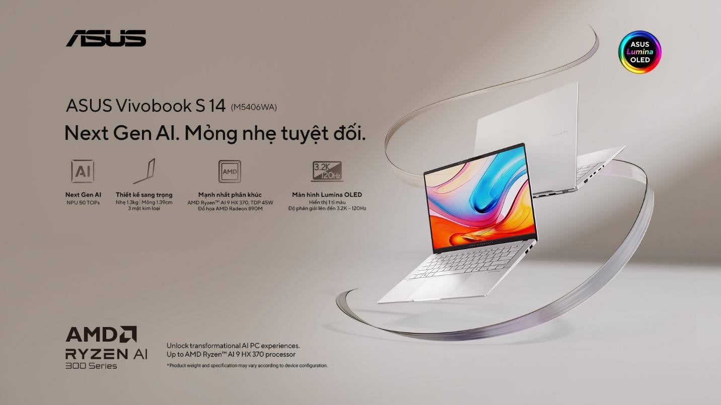 ASUS Vivobook S14 mới: Next Gen AI, mỏng nhẹ tuyệt đối