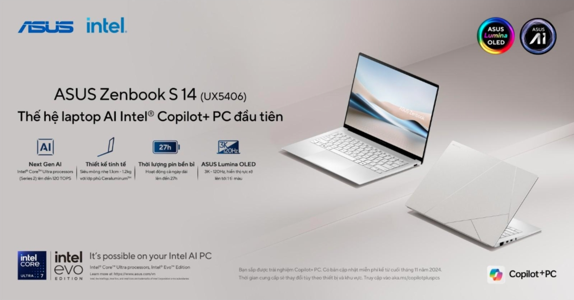 ASUS Zenbook S 14 mới  – Thế hệ laptop AI Intel Copilot+ PC đầu tiên