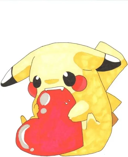 Pikachu bức ảnh dễ thương Chibi với trái tim màu đỏ