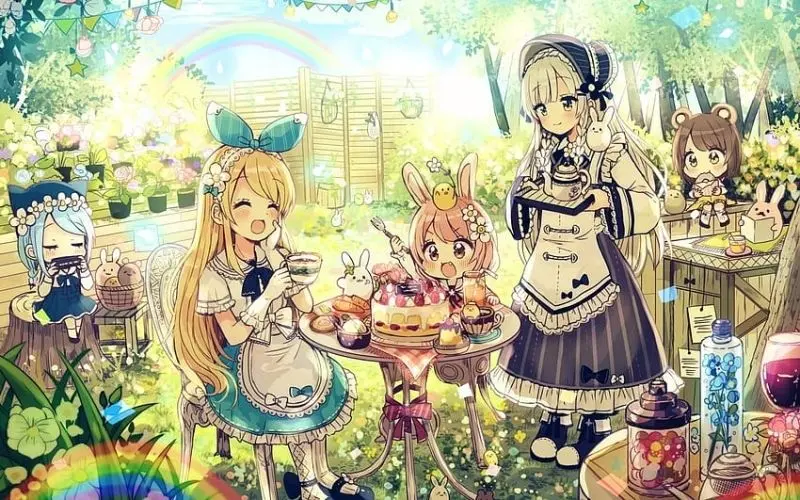 Chibi Anime Image Nhóm 5 Phụ nữ với trang phục pastel dễ thương