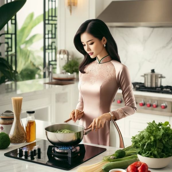 Cô gái xinh đẹp nấu ăn và rửa rau