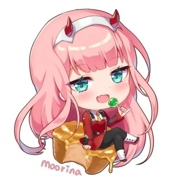 Chibi Zero Two ngồi trên một chiếc ghế nhỏ