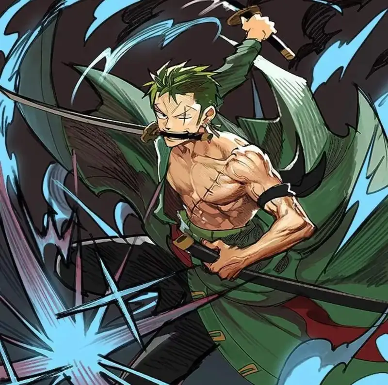 Xem hình ảnh của Roronoa Zoro với ba thanh kiếm điển hình